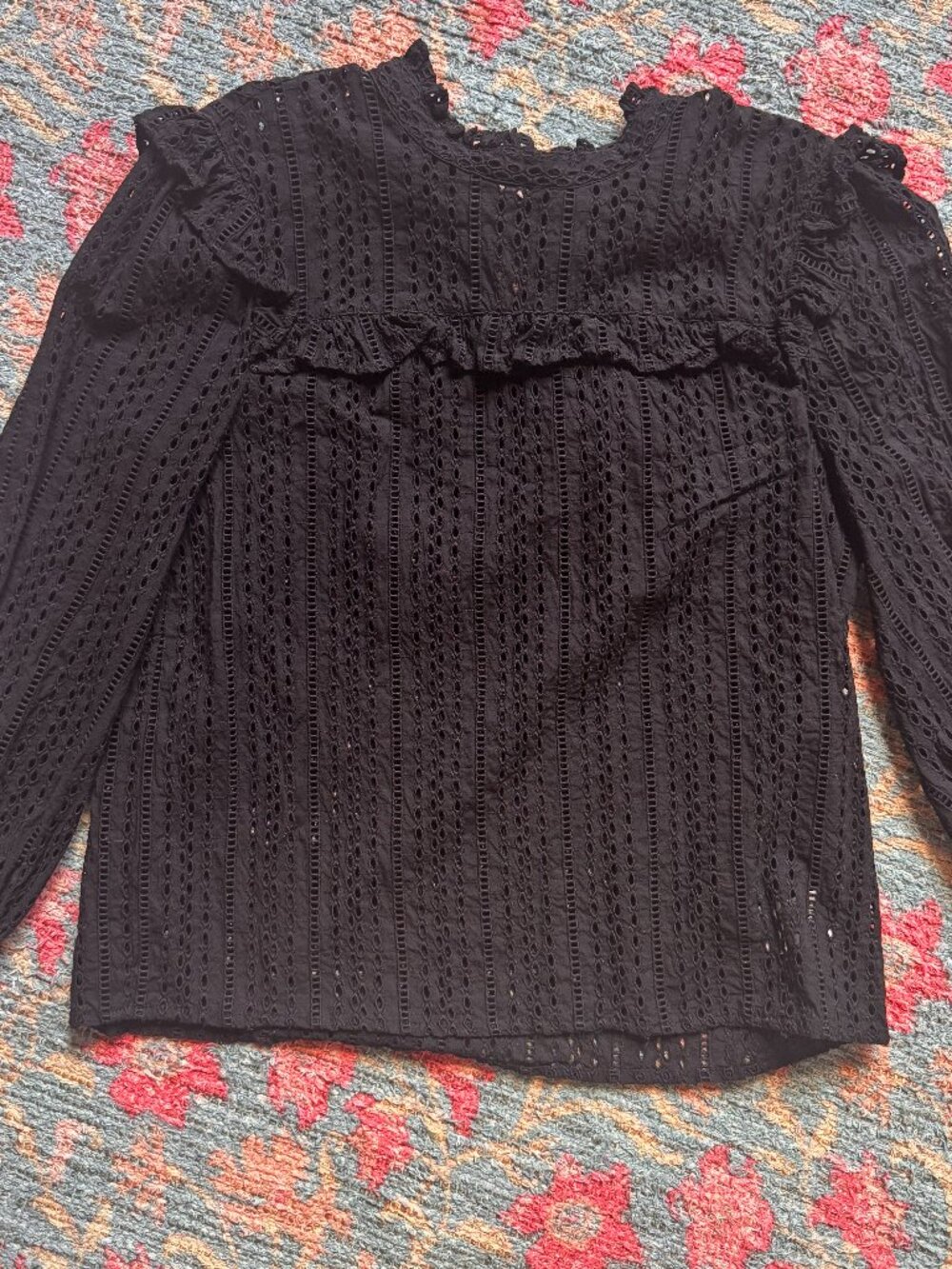 Madewell black eyelet ruffle long sleeve top